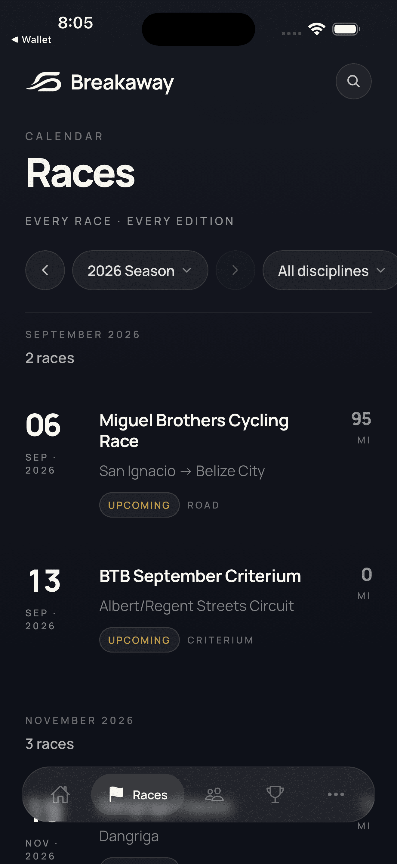Breakaway app Race Calendar screen, listing the 2026 season's races with dates, routes and status
