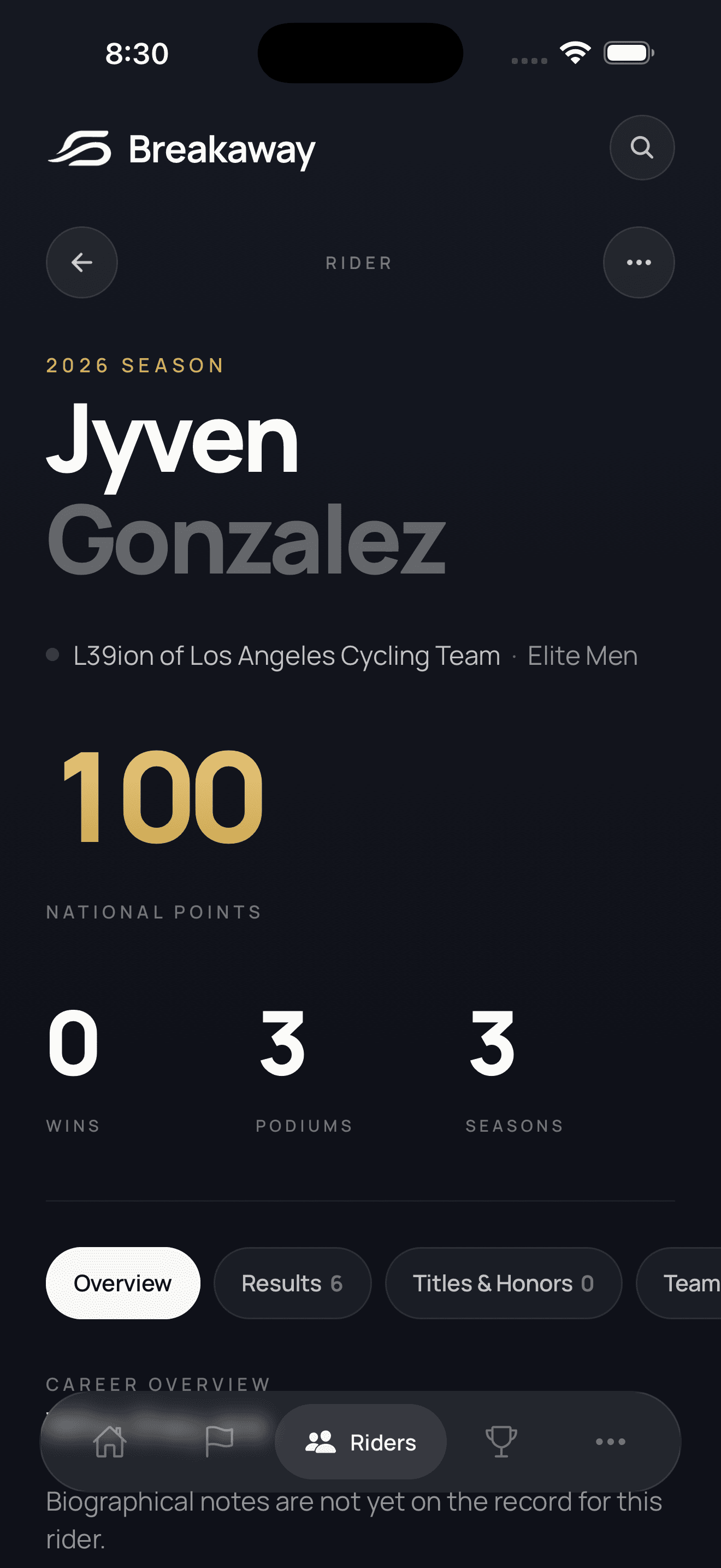 Breakaway app Rider Profile screen, showing a cyclist's season points, wins, podiums and seasons