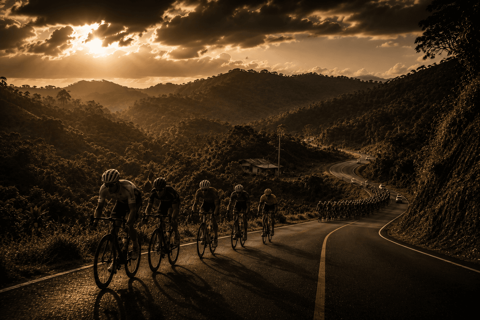 Stylized cyclists riding through a mountainous tropical landscape at sunset